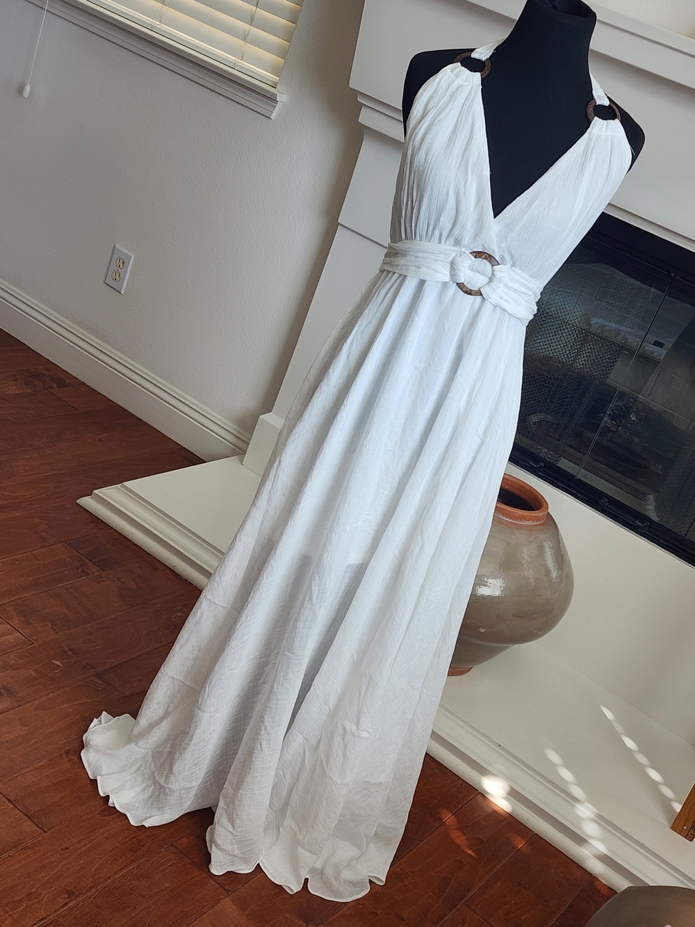 White Backless Halter Maxi Dress with Ring Detail